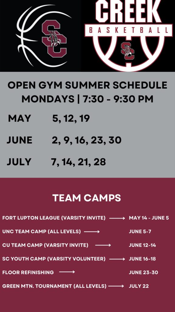 Image displays a summer gym schedule for basketball, listing dates and times for open gym and team camps.