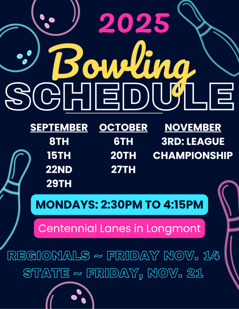 2025 Bowling schedule with dates in September, October, and November. Mondays at Centennial Lanes, 2:30 PM to 4:15 PM.