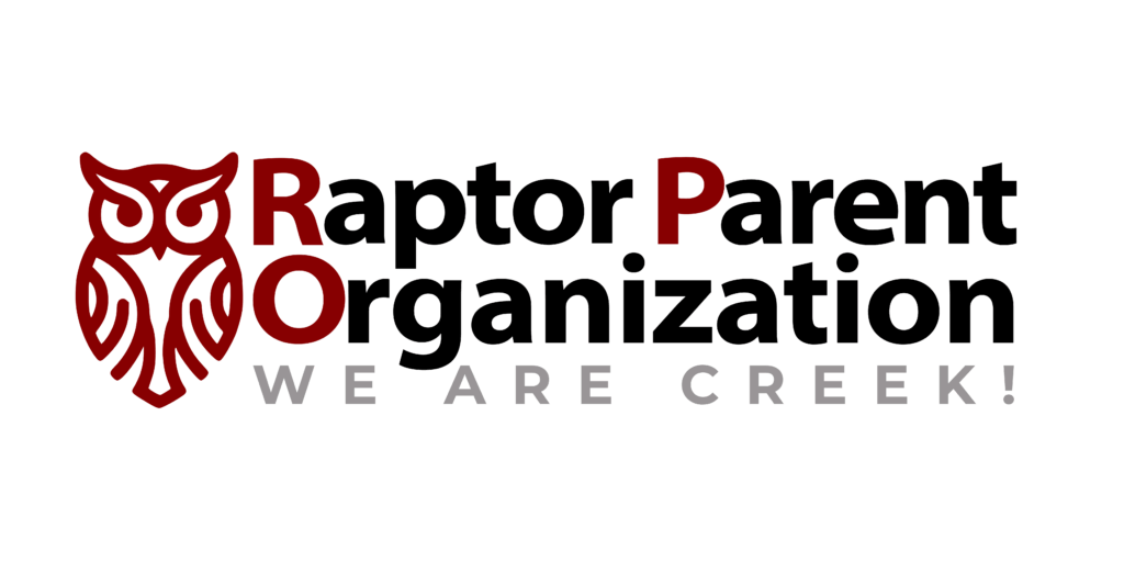Logo of the Raptor Parent Organization featuring an owl graphic and the text "WE ARE CREEK!" in bold letters.
