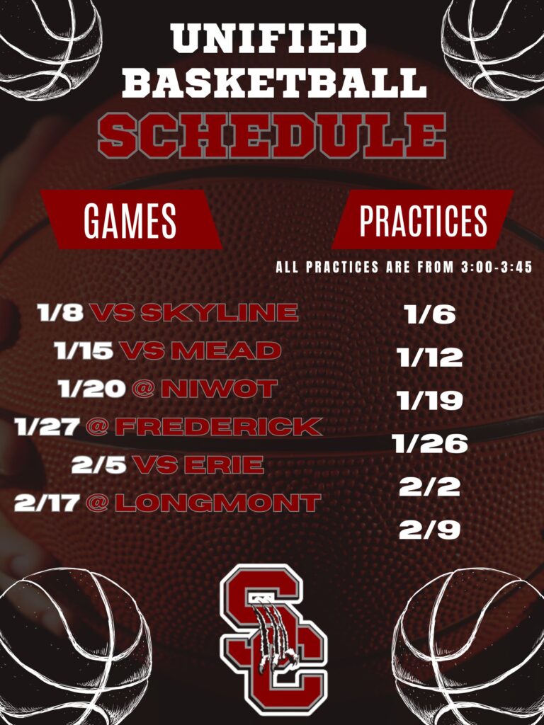 Unified basketball schedule listing games and practices with specific dates, teams, and times.