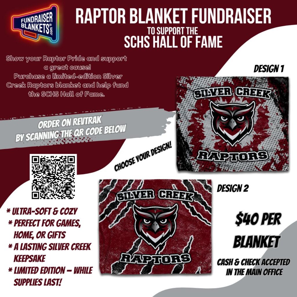 Fundraiser for SCHS Hall of Fame featuring two blanket designs. Each blanket costs $40. QR code for orders included.