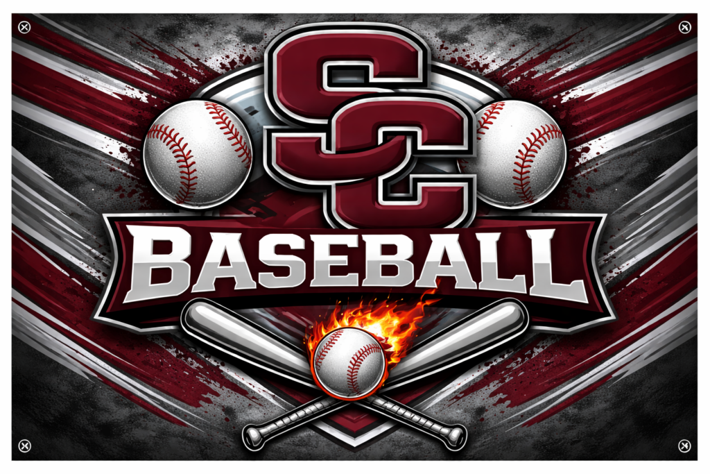 Logo featuring "SC Baseball" with two baseballs and crossed bats, set against a dynamic, colorful background.