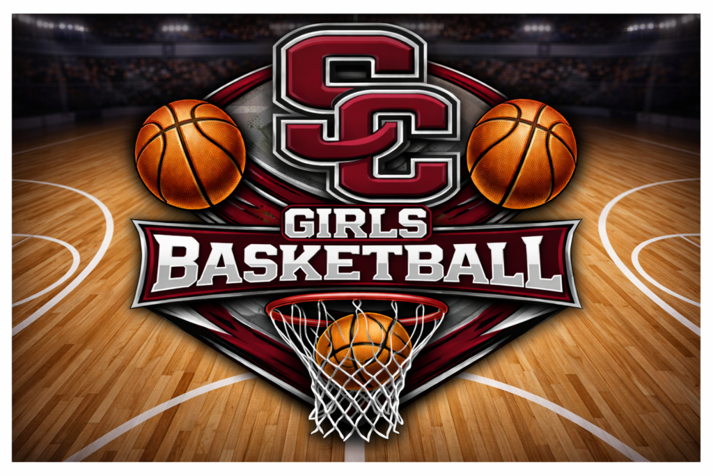 Logo for SC Girls Basketball featuring basketballs, a hoop, and a wooden court background.