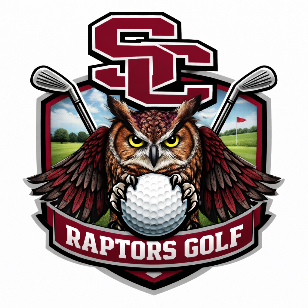 Logo featuring an owl holding a golf ball, with crossed golf clubs and a scenic background, labeled "Raptors Golf."