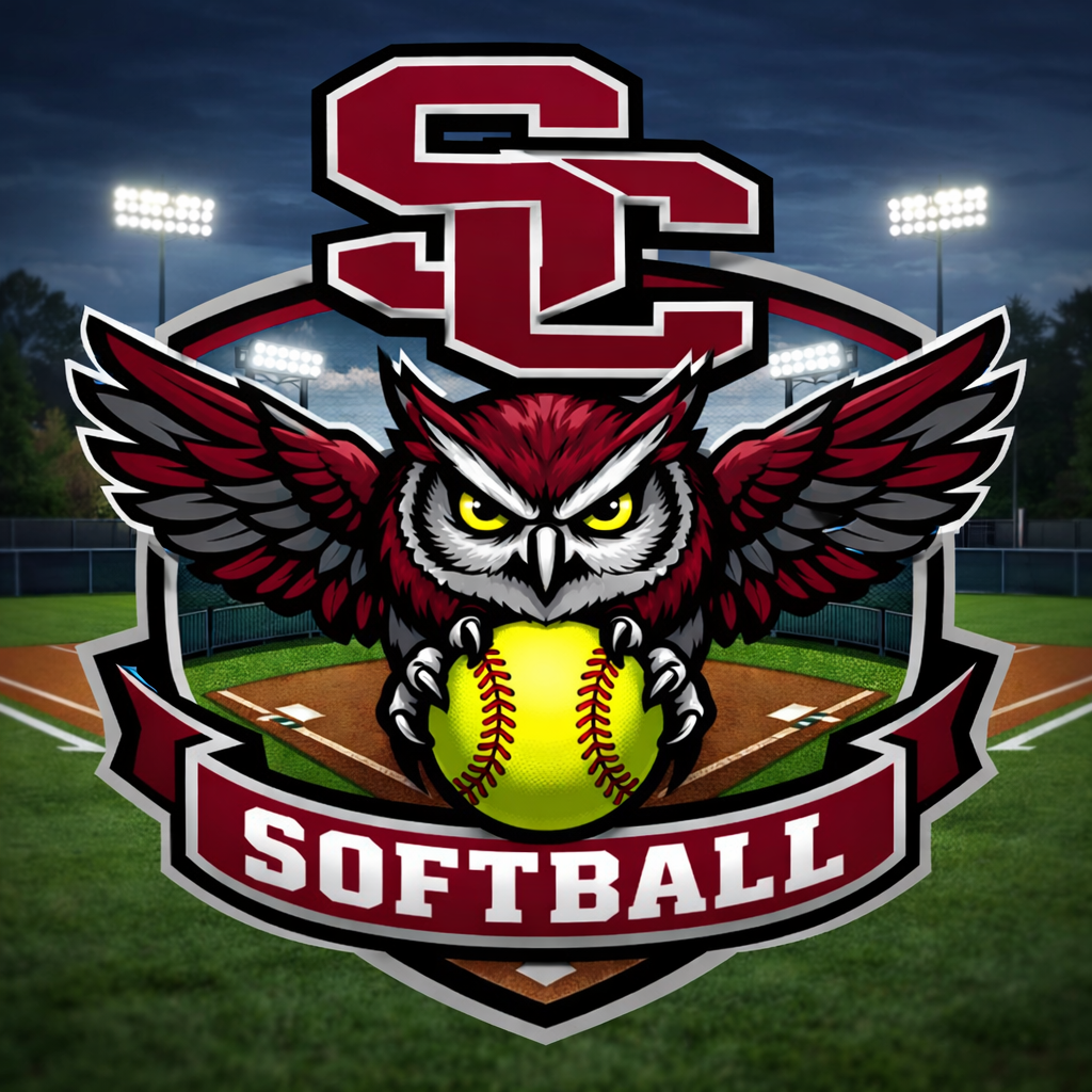 Logo featuring an owl holding a softball, with "SC Softball" text and a baseball field backdrop.