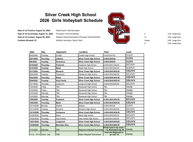 Silver Creek High School 2026 Girls Volleyball schedule with dates, opponents, locations, times, and levels listed.