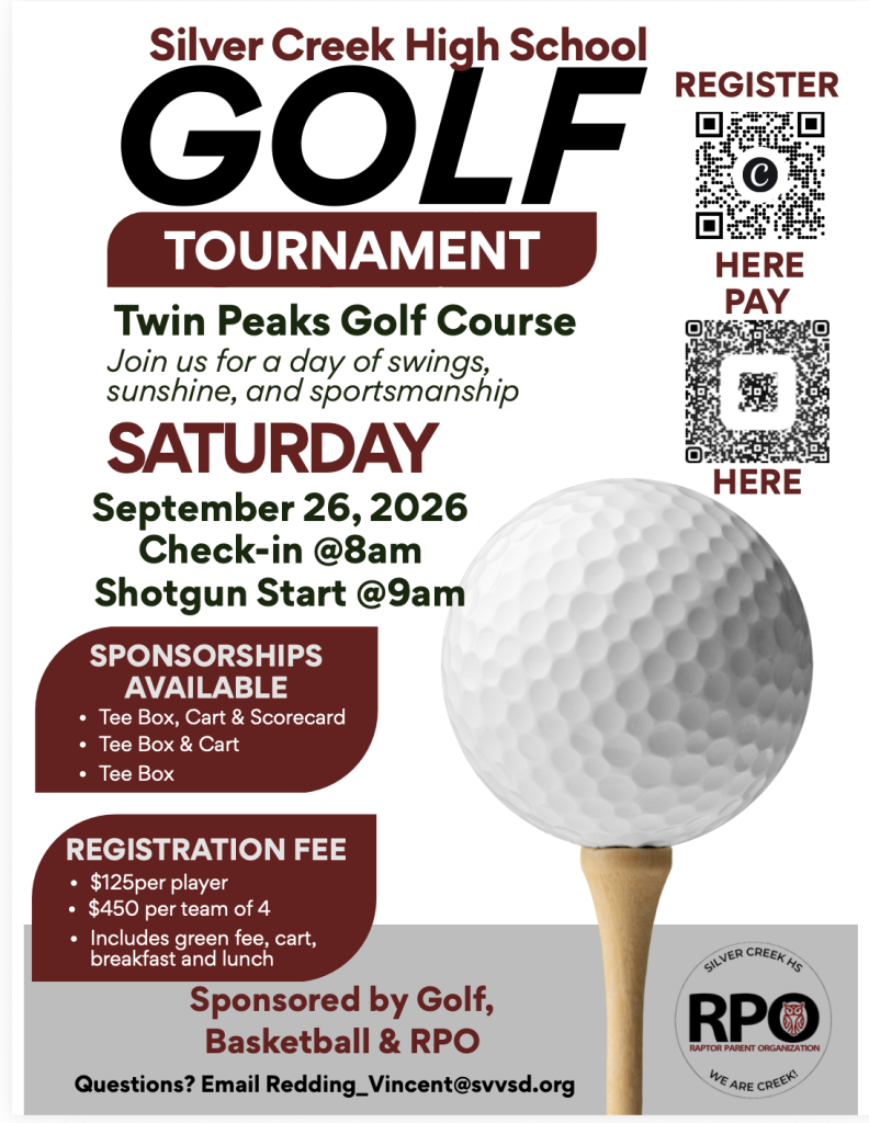 Golf tournament flyer for Silver Creek High School on September 26, 2026, at Twin Peaks Golf Course.